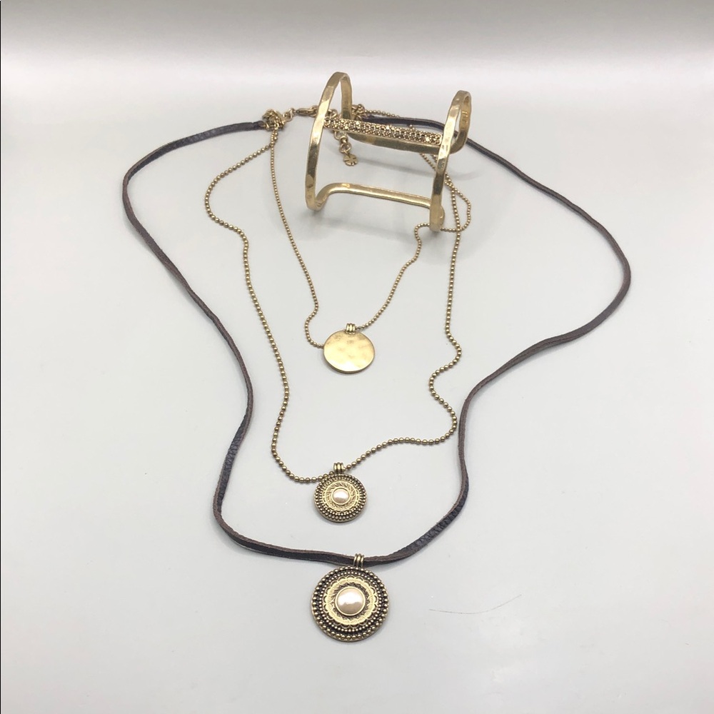 Lucky brand bundle layered necklace + cut out cuff bracelet boho statement.